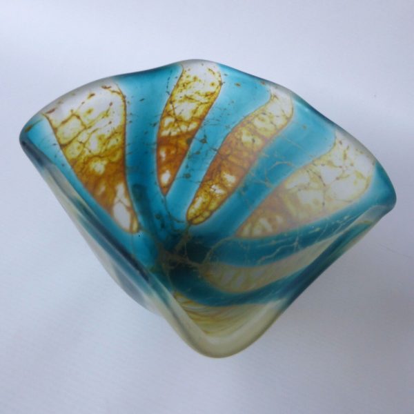 Vintage Mdina Crystal Blue Stripe crizzle art glass frosted square bowl, 1998 - Image 7