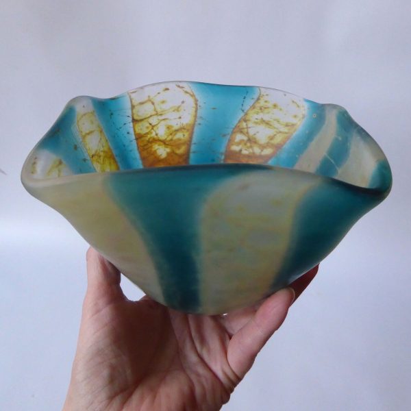Vintage Mdina Crystal Blue Stripe crizzle art glass frosted square bowl, 1998 - Image 8