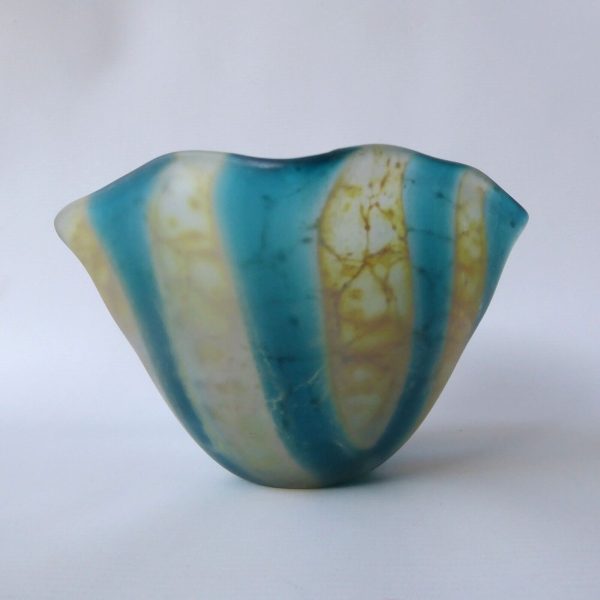 Vintage Mdina Crystal Blue Stripe crizzle art glass frosted square bowl, 1998 - Image 9