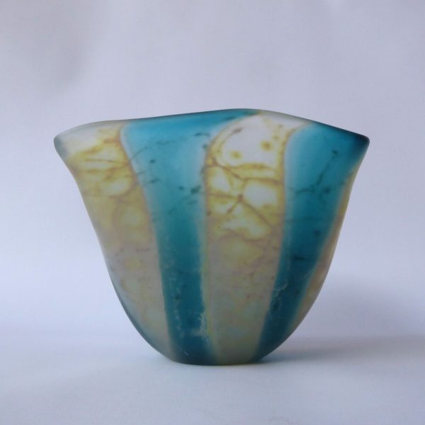 Vintage Mdina Crystal Blue Stripe crizzle art glass frosted square bowl, 1998 - Image 10