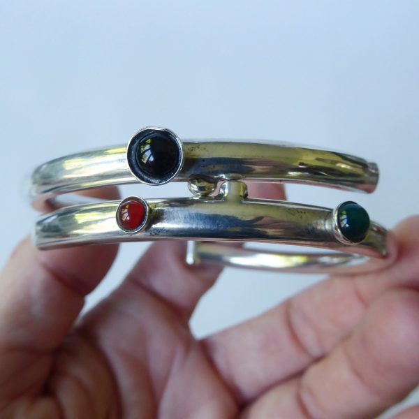 Vintage Mexico silver 925 silver chunky modernist bangle, gemstones, TD-77 Taxco - Image 4