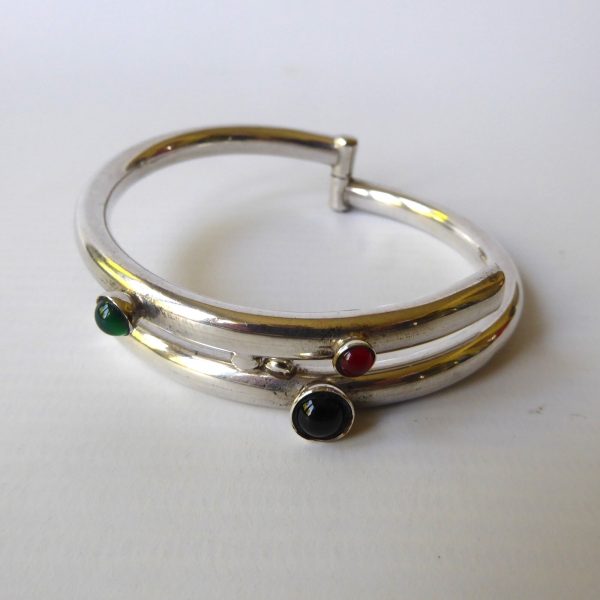 Vintage Mexico silver 925 silver chunky modernist bangle, gemstones, TD-77 Taxco - Image 6