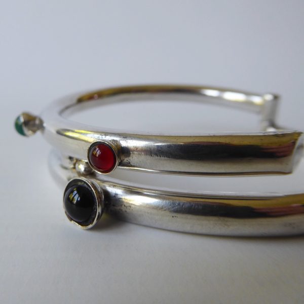 Vintage Mexico silver 925 silver chunky modernist bangle, gemstones, TD-77 Taxco - Image 8