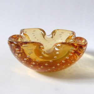 Vintage Murano art glass bowl. Amber cased dish ashtray. Controlled bubbles