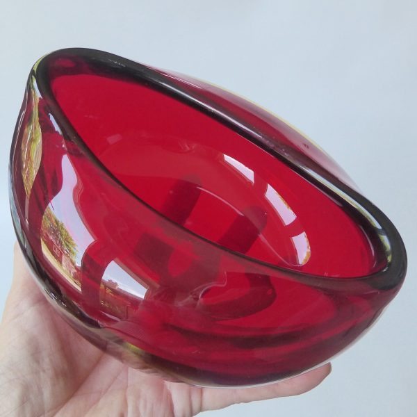 Vintage Murano art glass oval bowl. Red amber cased dish, 1960s 1970s MCM retro - Image 4