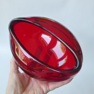 Vintage Murano art glass oval bowl. Red amber cased dish, 1960s 1970s MCM retro