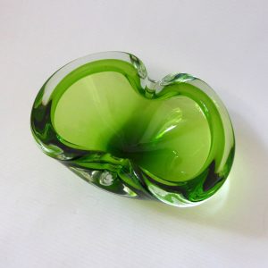 Vintage Murano big art glass bowl. Lime green cased dish, 1960s 1970s MCM retro