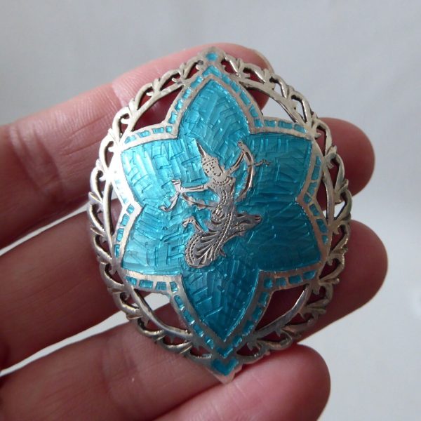 Vintage Thainakon sterling silver 925 oval/star & Siam dancer brooch, enamelled - Image 3