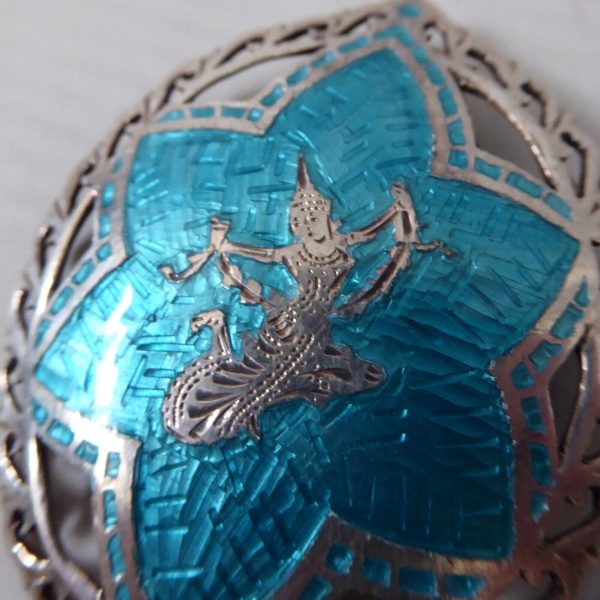 Vintage Thainakon sterling silver 925 oval/star & Siam dancer brooch, enamelled - Image 5