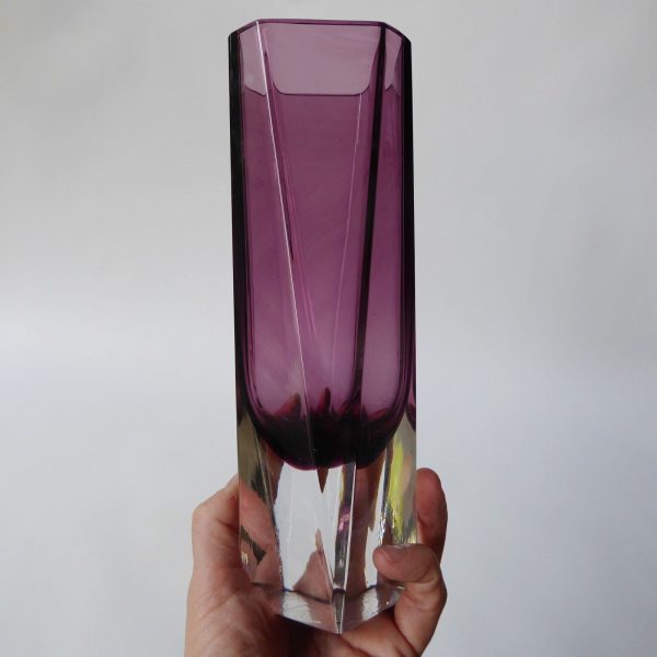 Vintage art glass vase, moulded faceted octagonal. Purple plum Scandinavian 8.5" - Image 4