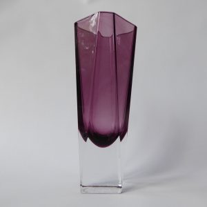 Vintage art glass vase, moulded faceted octagonal. Purple plum Scandinavian 8.5"