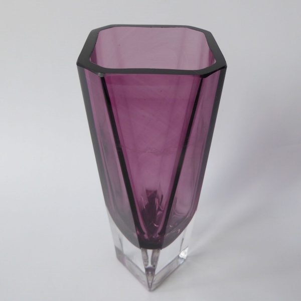 Vintage art glass vase, moulded faceted octagonal. Purple plum Scandinavian 8.5" - Image 6