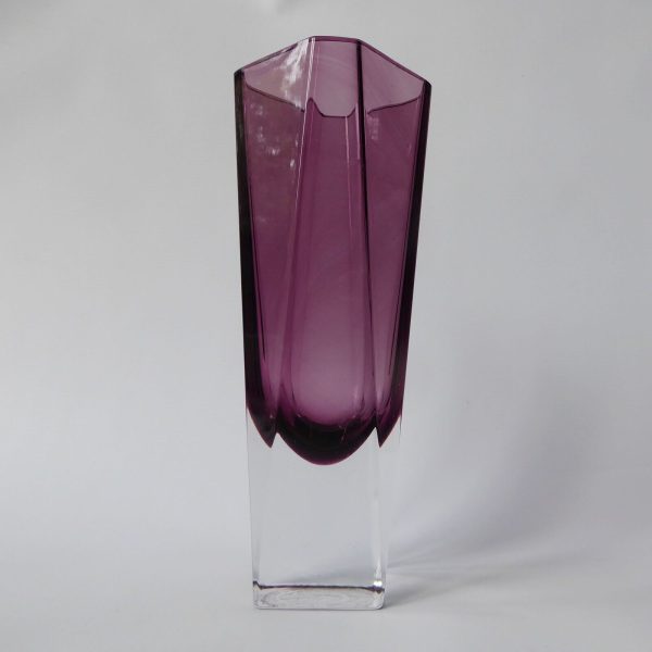 Vintage art glass vase, moulded faceted octagonal. Purple plum Scandinavian 8.5"