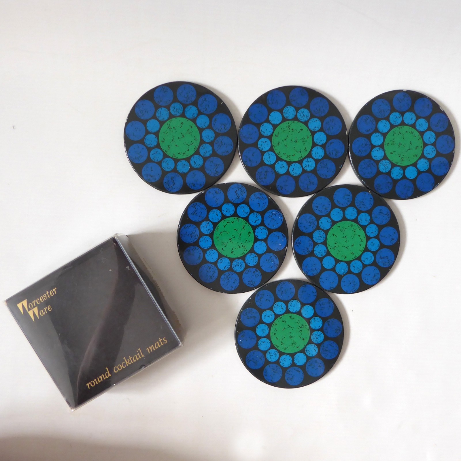 Vintage boxed set six Worcester Ware round cocktail mats, coasters. Retro 1970s - Image 3