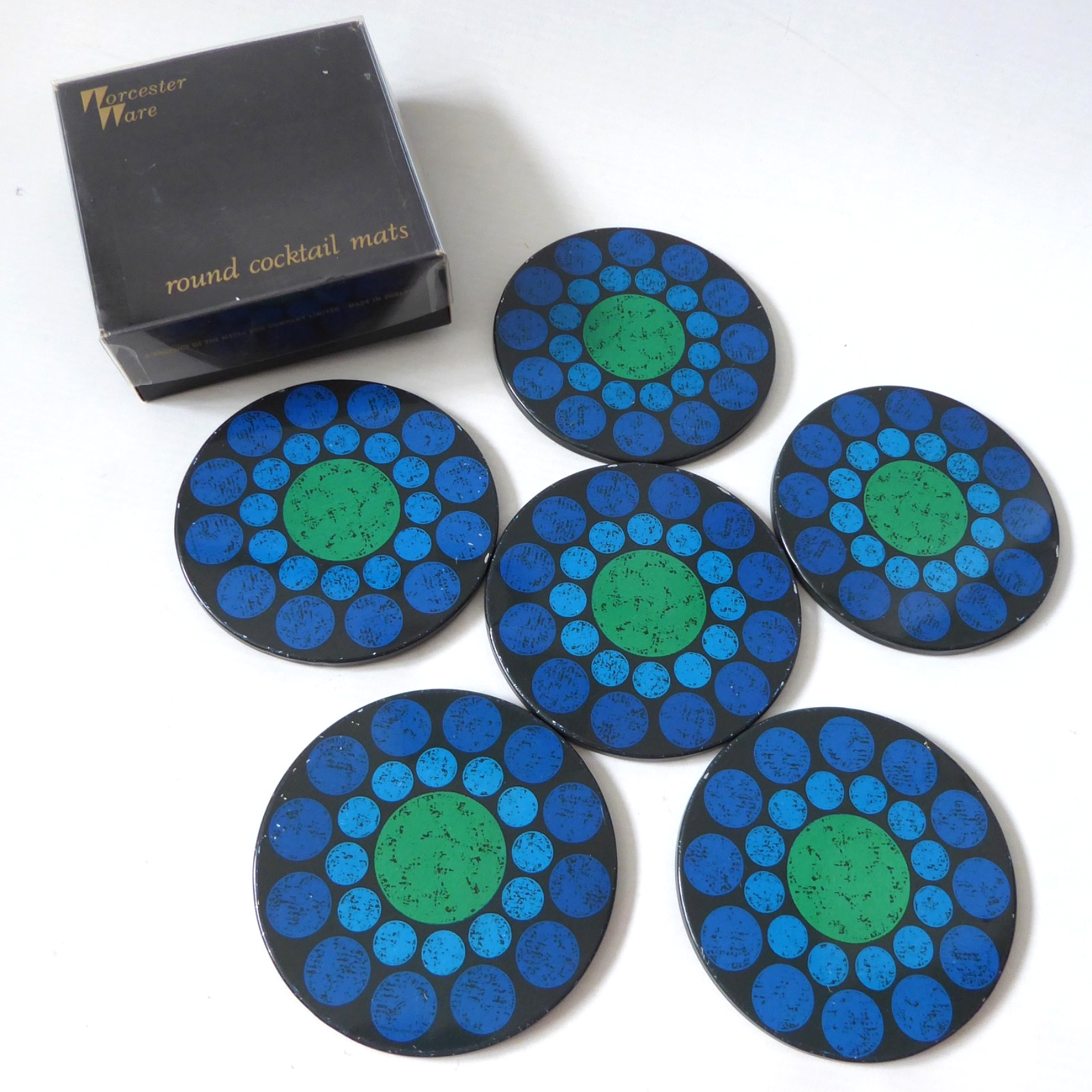 Vintage boxed set six Worcester Ware round cocktail mats, coasters. Retro 1970s