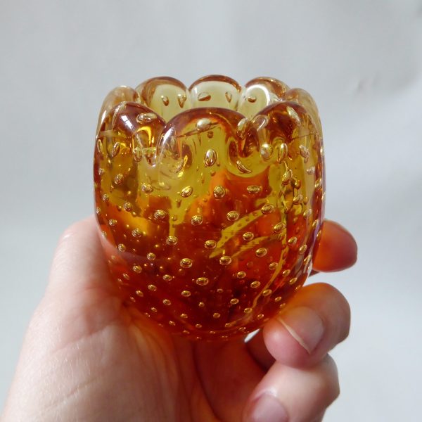 Vintage controlled bubble scalloped rim art glass vase, small amber pot, retro - Image 11