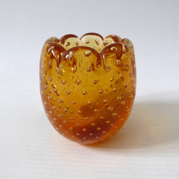 Vintage controlled bubble scalloped rim art glass vase, small amber pot, retro - Image 4