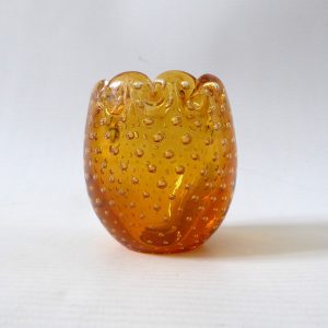 Vintage controlled bubble scalloped rim art glass vase, small amber pot, retro