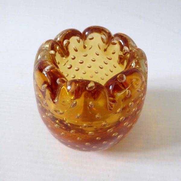 Vintage controlled bubble scalloped rim art glass vase, small amber pot, retro - Image 5