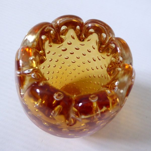 Vintage controlled bubble scalloped rim art glass vase, small amber pot, retro - Image 7