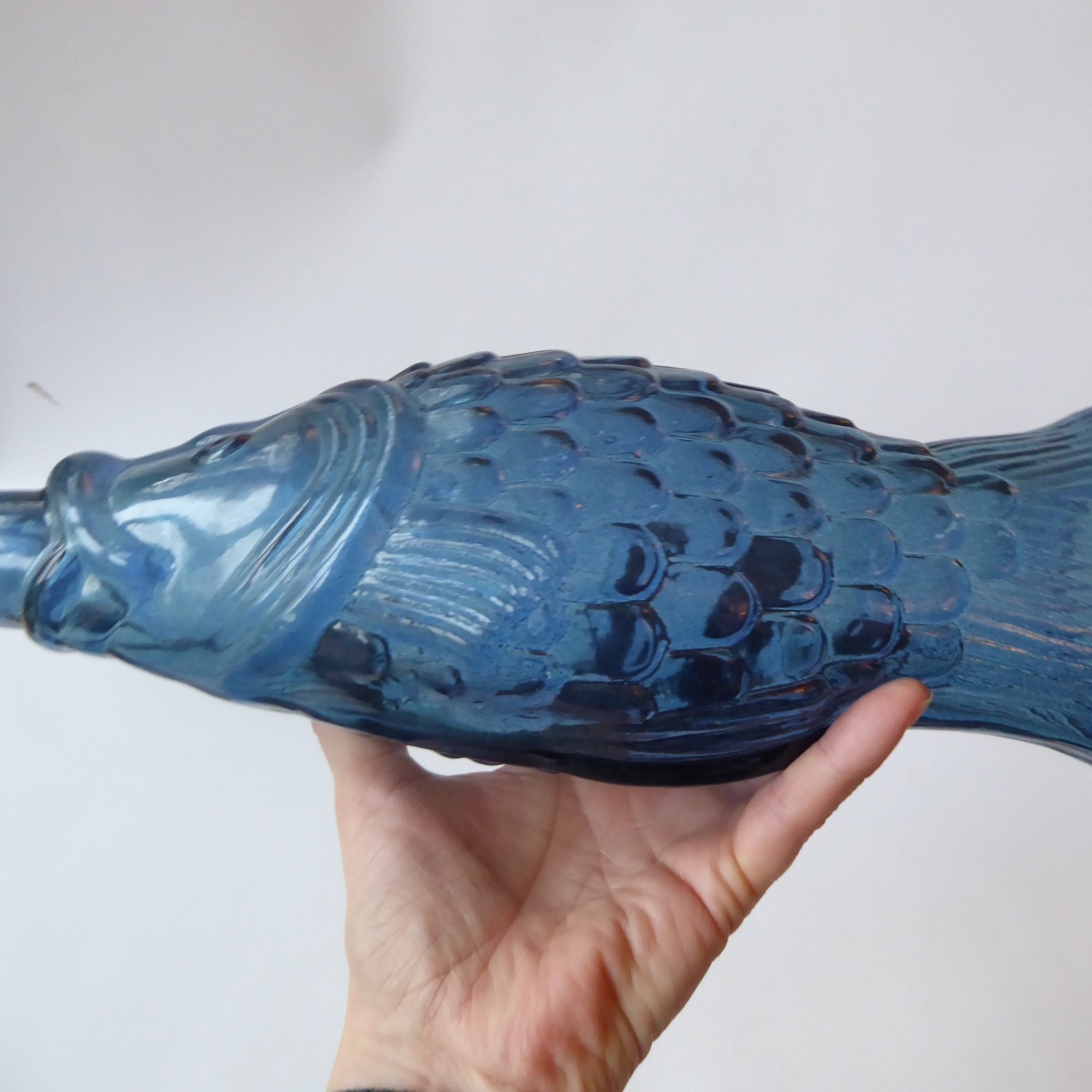 Vintage glass fish shaped wine bottle, decanter, ornamental dusky blue retro 13" - Image 12