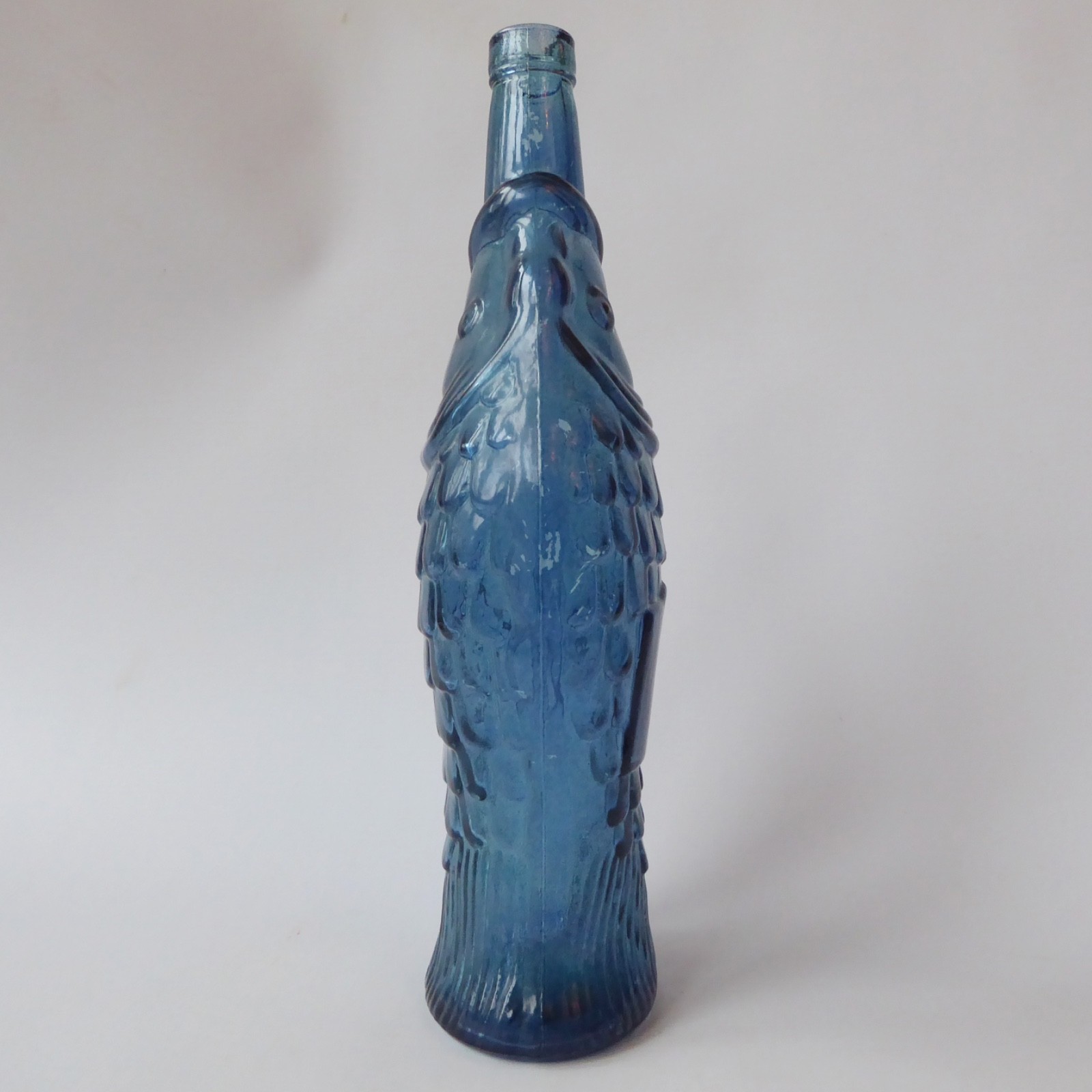 Vintage glass fish shaped wine bottle, decanter, ornamental dusky blue retro 13" - Image 4
