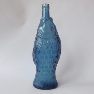 Vintage glass fish shaped wine bottle, decanter, ornamental dusky blue retro 13"
