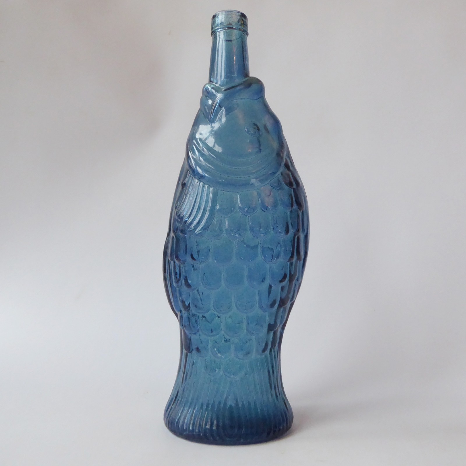 Vintage glass fish shaped wine bottle, decanter, ornamental dusky blue retro 13" - Image 5