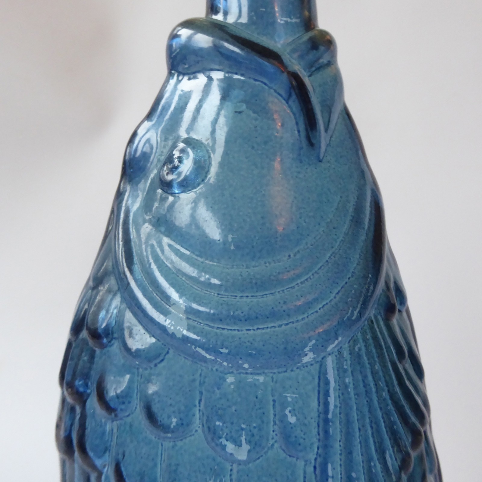 Vintage glass fish shaped wine bottle, decanter, ornamental dusky blue retro 13" - Image 8