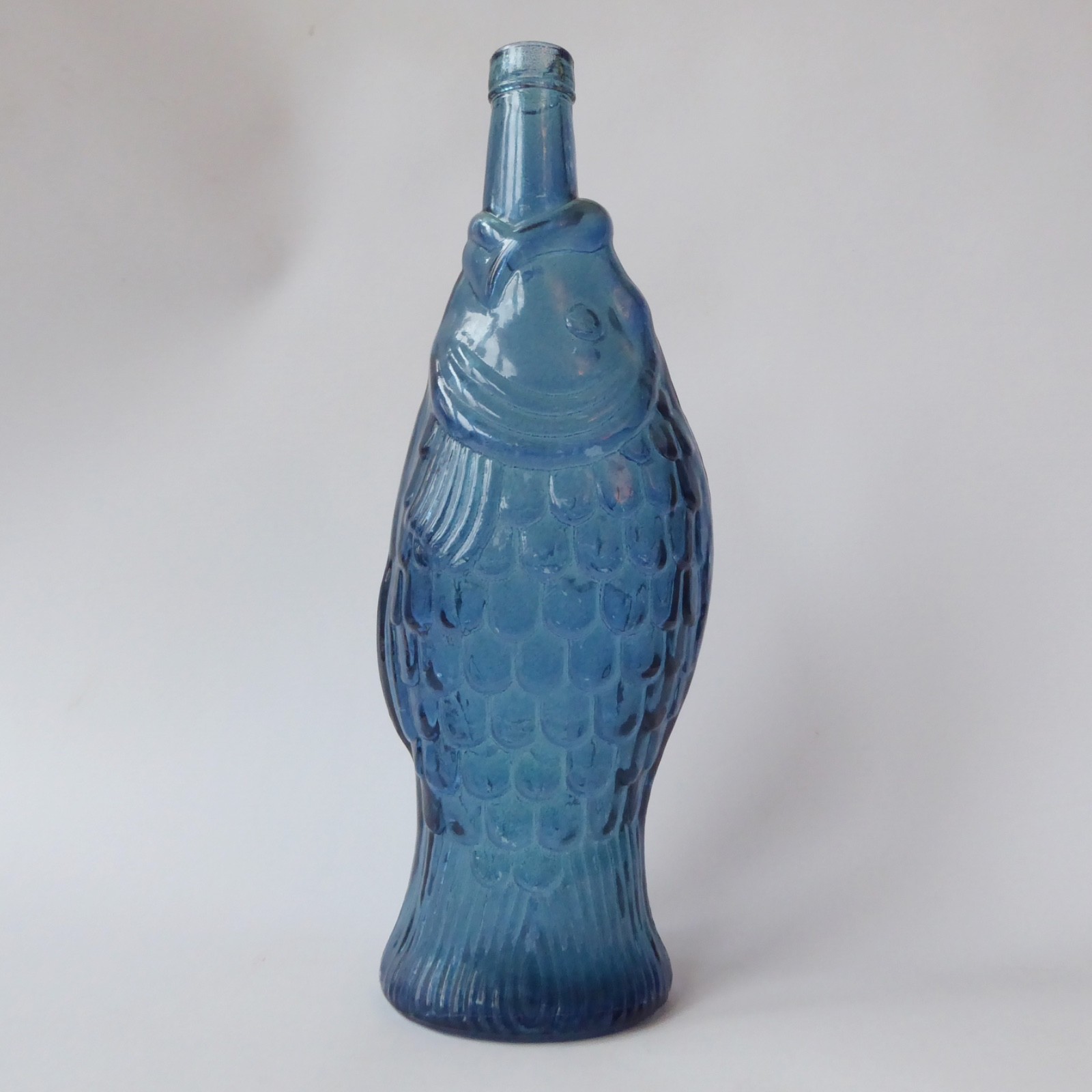 Vintage glass fish shaped wine bottle, decanter, ornamental dusky blue retro 13"