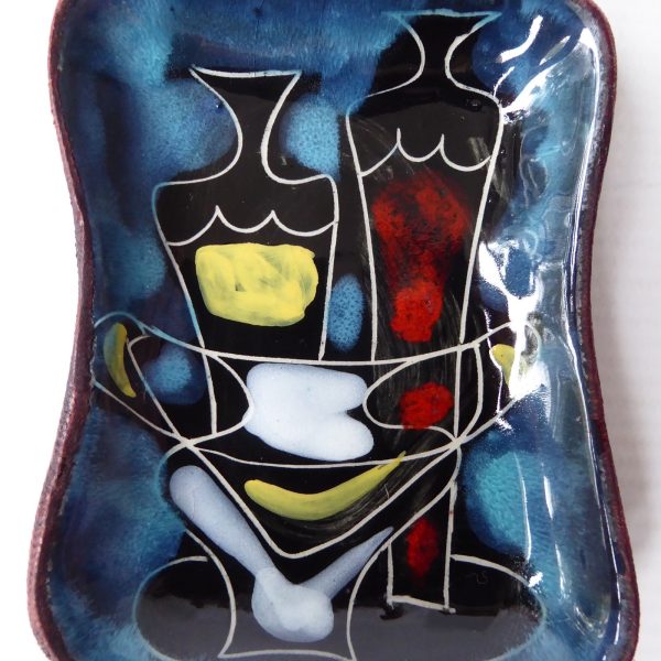 Vintage mid century Italian sgraffito pin dish. 1960s retro small plate +leather - Image 3