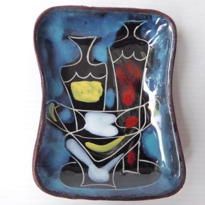 Vintage mid century Italian sgraffito pin dish. 1960s retro small plate +leather