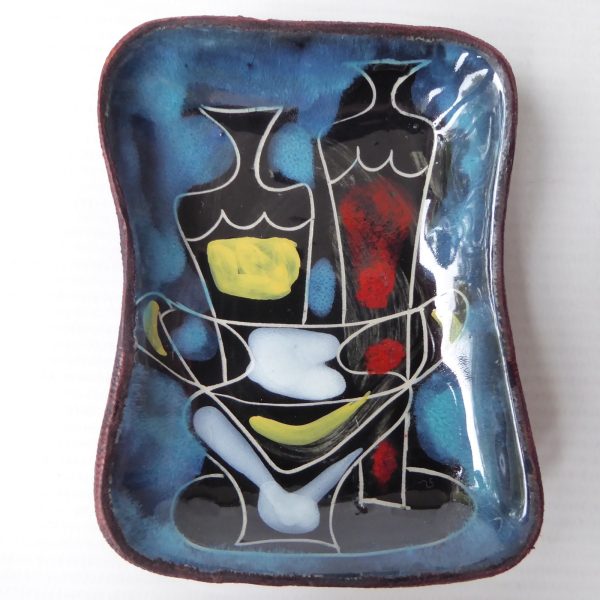 Vintage mid century Italian sgraffito pin dish. 1960s retro small plate +leather