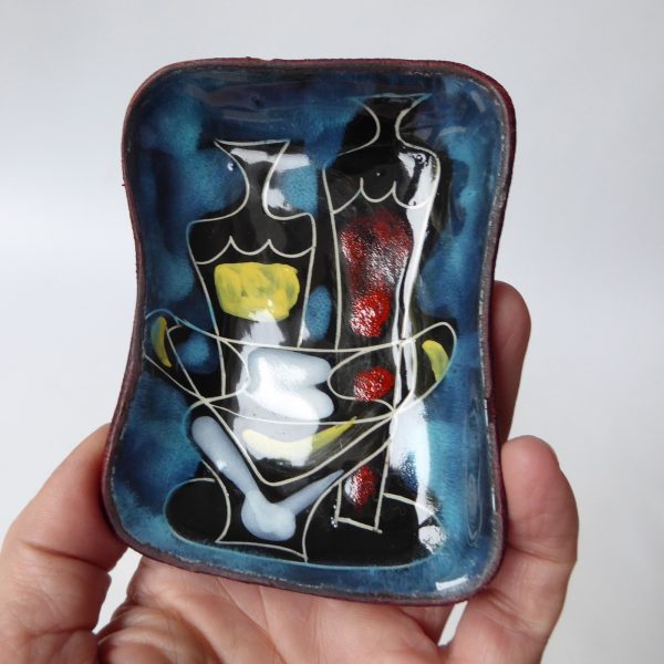Vintage mid century Italian sgraffito pin dish. 1960s retro small plate +leather - Image 8