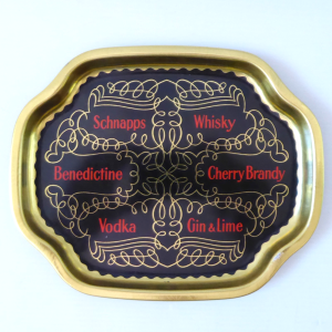 Vintage spirit shot drinks serving tray, Black & gold retro barware. Tin metal