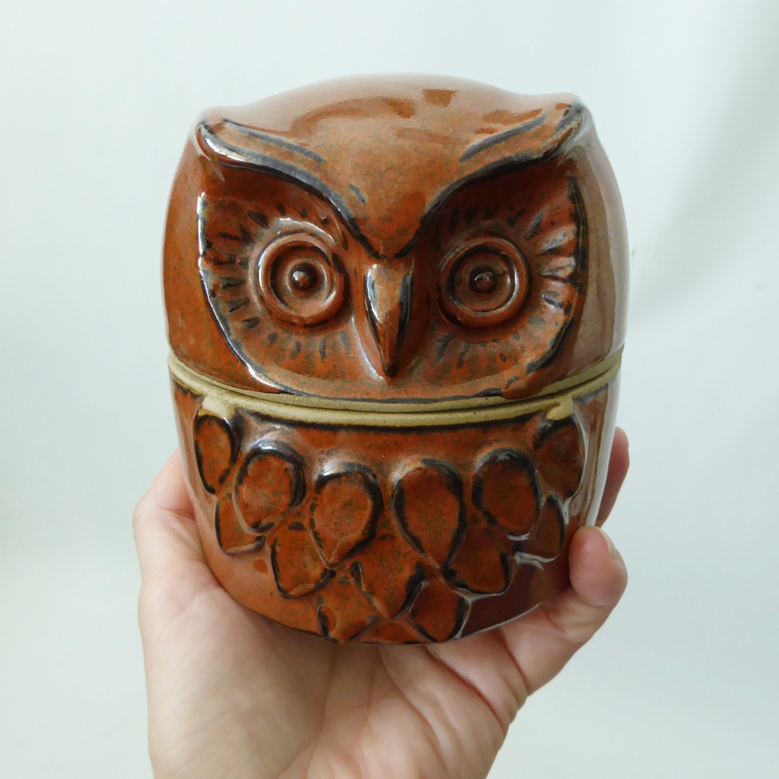 Vintage studio art pottery/ceramic owl lidded box container storage, retro pot - Image 8