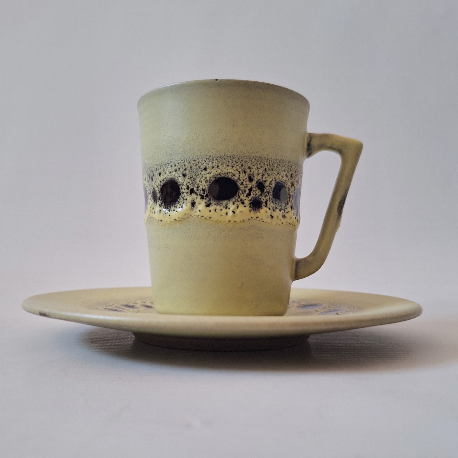 West German pottery vintage cup & saucer, yellow + black fat lava glazes, retro - Image 2