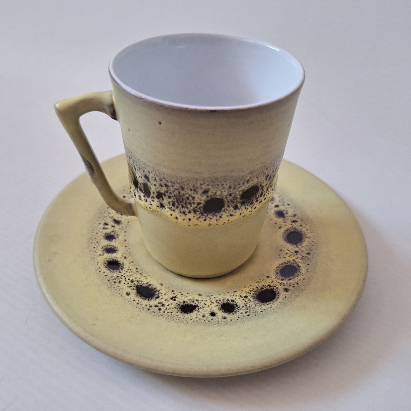West German pottery vintage cup & saucer, yellow + black fat lava glazes, retro - Image 3