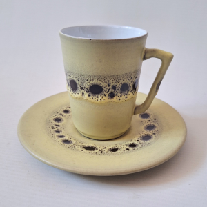 West German pottery vintage cup & saucer, yellow + black fat lava glazes, retro