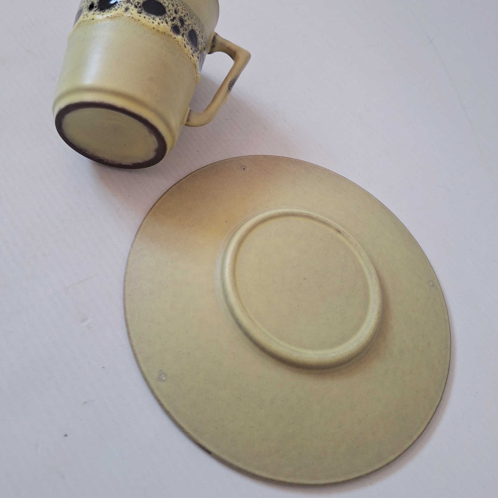 West German pottery vintage cup & saucer, yellow + black fat lava glazes, retro - Image 9