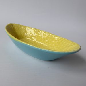 1960s Midwinter yellow and turquoise glazed ceramic dish bowl, sweetcorn. Retro
