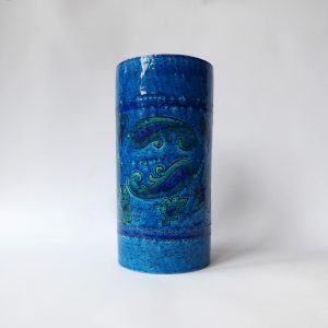 1960s big Aldo Londi Bitossi Liberty vase. Italy Rimini paisley blue art pottery