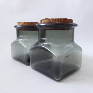 1970s square grey smoke glass 2x storage canister jars, retro vintage, cork tops