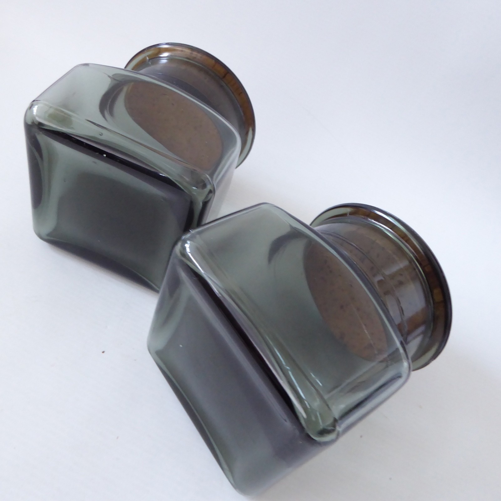 1970s square grey smoke glass 2x storage canister jars, retro vintage, cork tops - Image 9