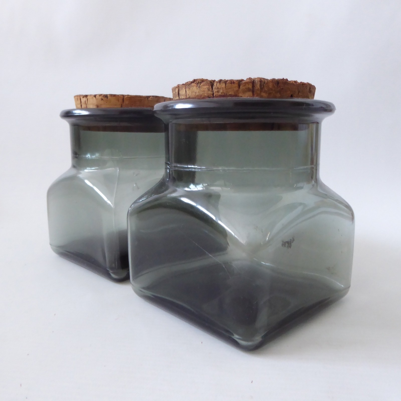 1970s square grey smoke glass 2x storage canister jars, retro vintage, cork tops