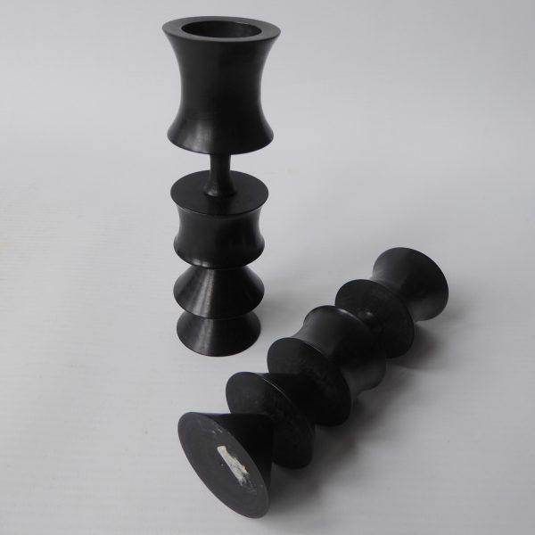2 vintage ebony or black wood carved candlesticks. Black hooped, Japanese style - Image 12