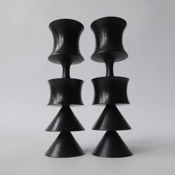2 vintage ebony or black wood carved candlesticks. Black hooped, Japanese style - Image 3