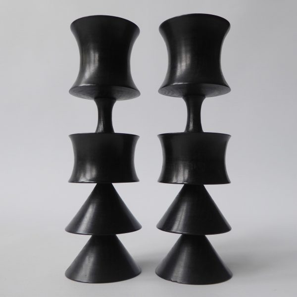 2 vintage ebony or black wood carved candlesticks. Black hooped, Japanese style - Image 4