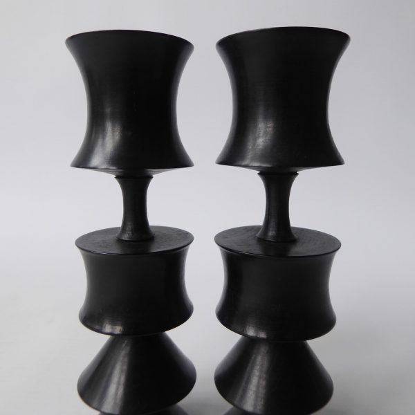 2 vintage ebony or black wood carved candlesticks. Black hooped, Japanese style - Image 5