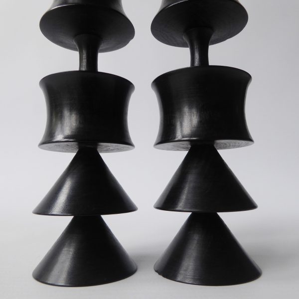 2 vintage ebony or black wood carved candlesticks. Black hooped, Japanese style - Image 6
